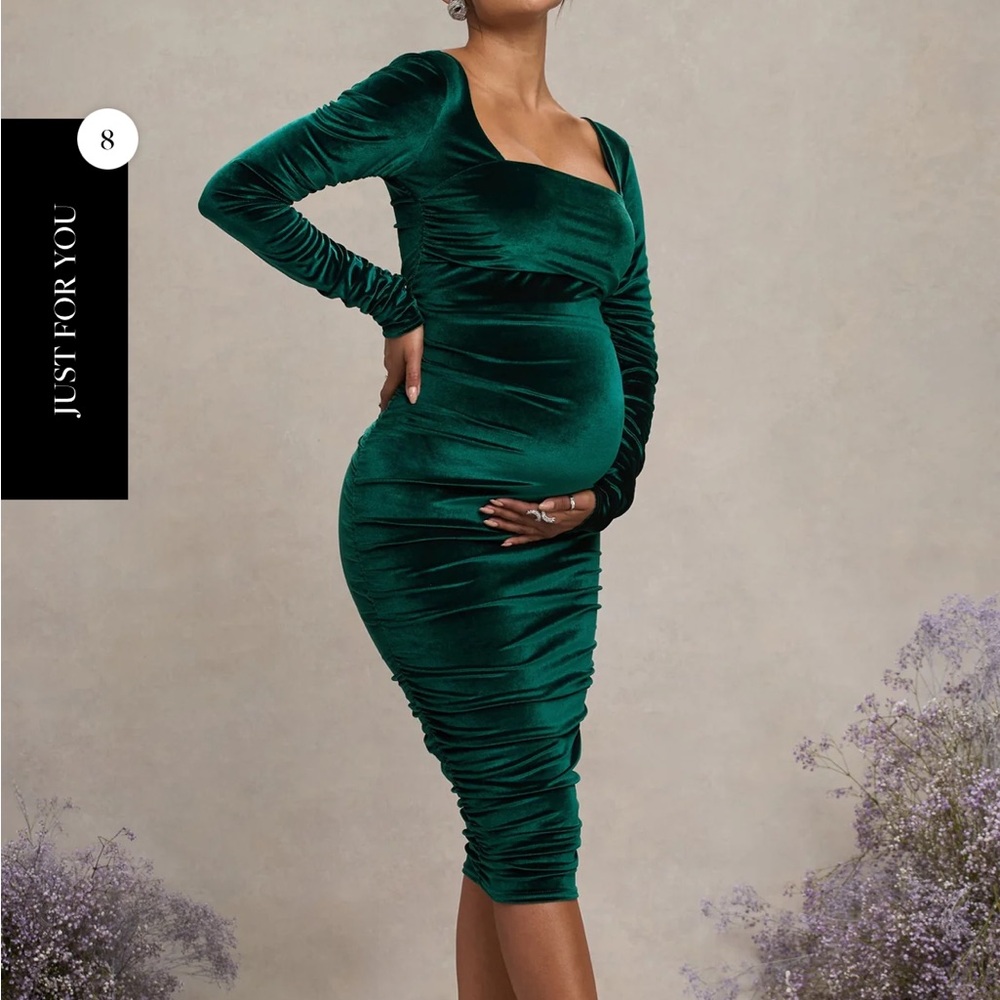 Large Green Maternity Dress; long sleeved, ruched, nwt